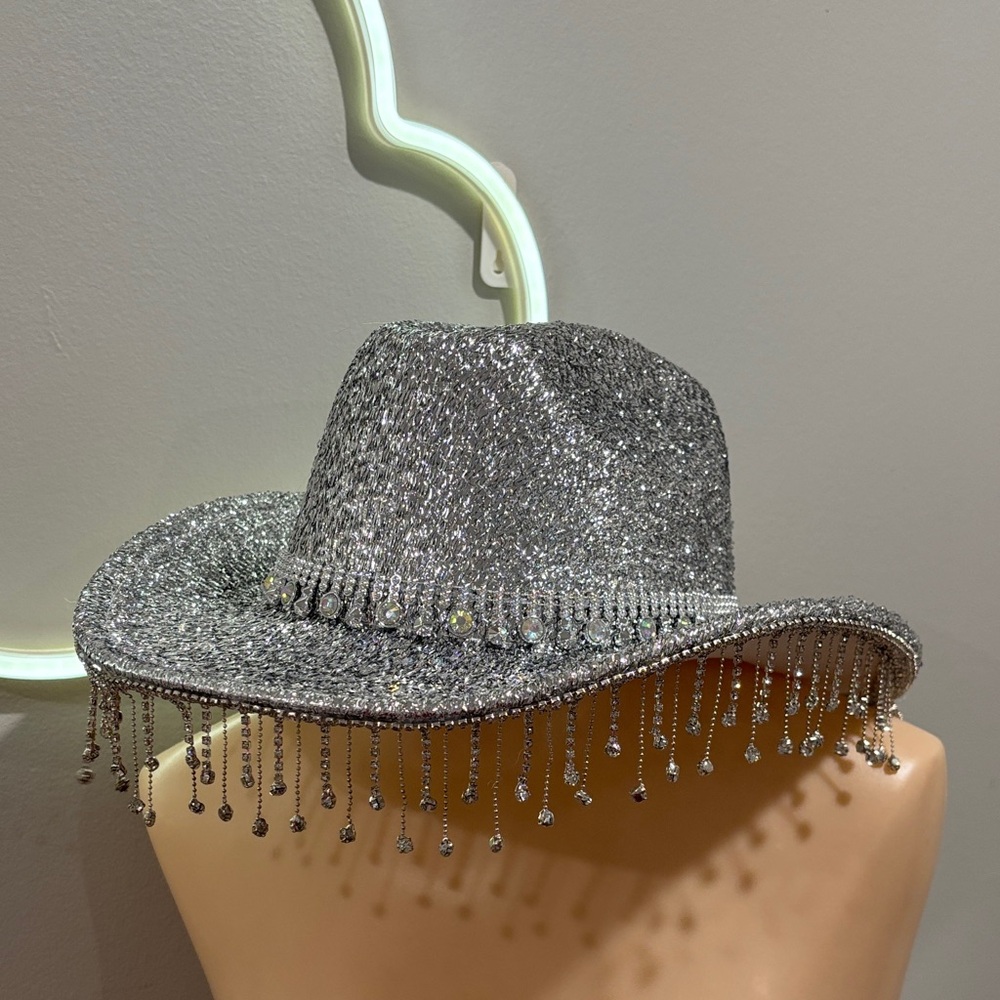 Silver Glitter Cowboy Hat with Fringe